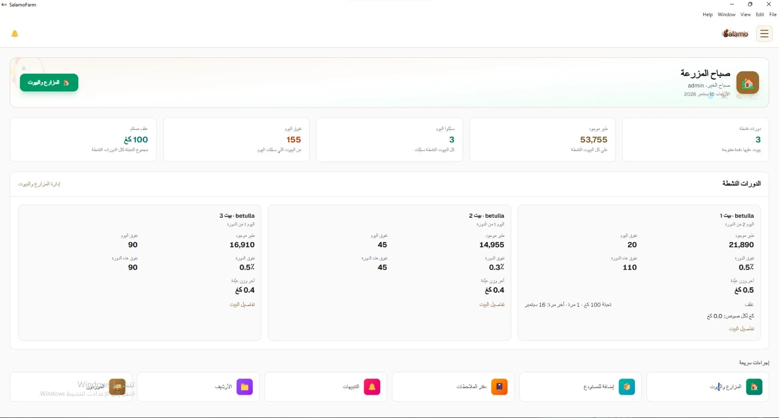 SalamoFarm — Morning dashboard: active cycles, birds on hand, mortality, and feed use