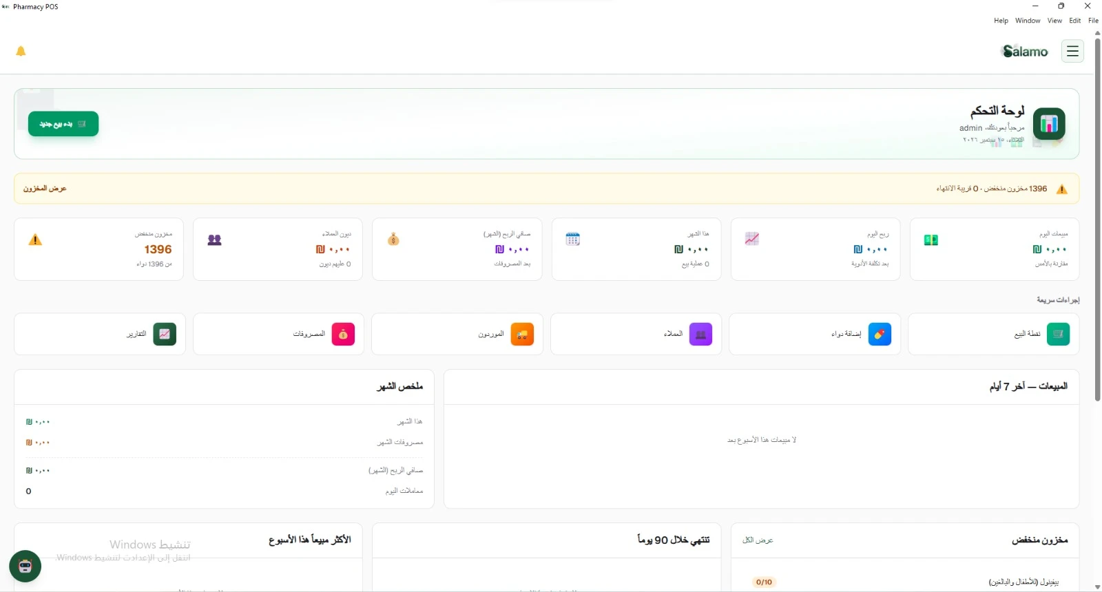 Salamo Pharmacy POS — Dashboard: today's sales, profit, low stock, and expiry alerts