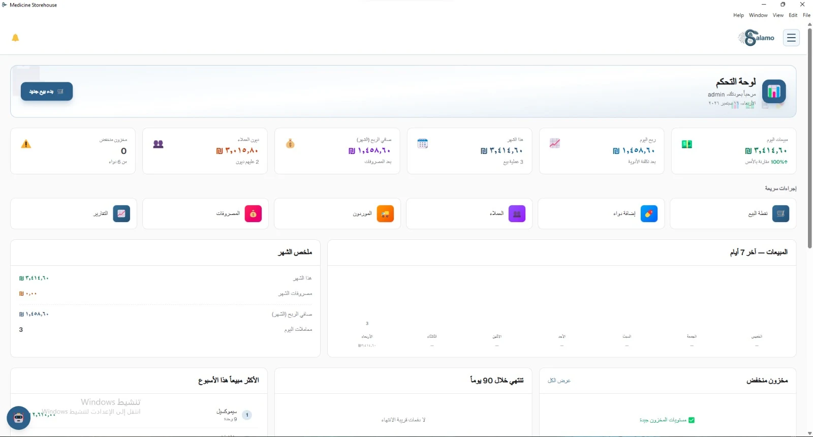 Salamo Medicine Storehouse — Dashboard: KPIs, month summary, and 7-day chart